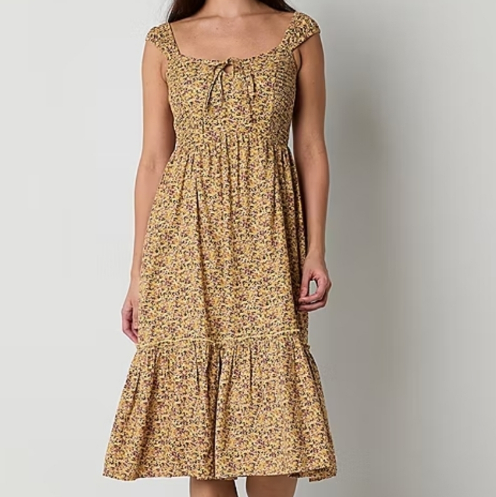 ARIZONA JEAN COMPANY Yellow Floral Smocked Peasant Style Boho Midi Dress NWT